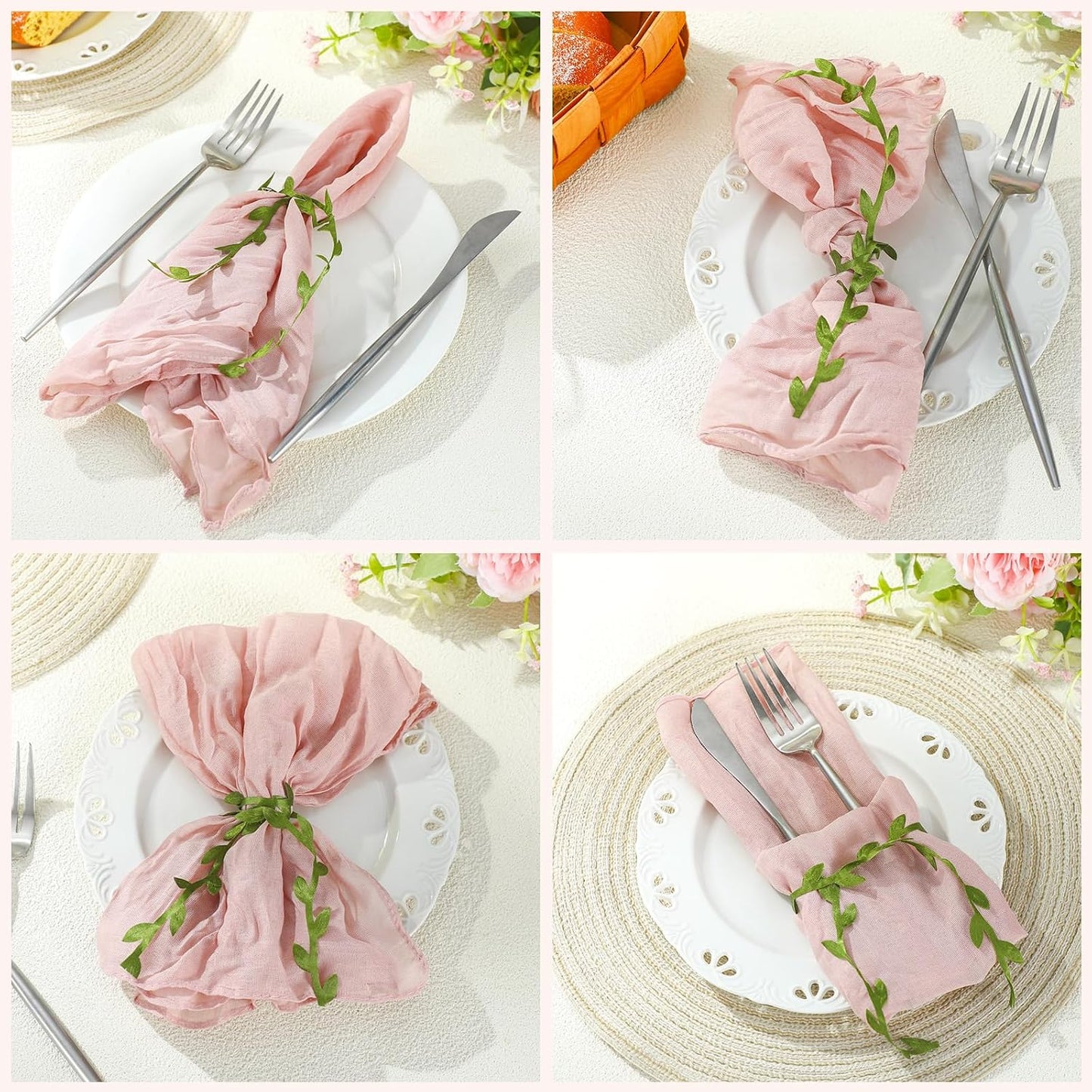 HunnmingRe 80 Set Cheesecloth Napkins with Leaf Ribbon Ring Summer Gauze Cloth of 18x18 Inch Napkin Cotton Reusable Dinner Table Decor for Wedding Bridal Baby Shower Event Party(Dusty Pink)