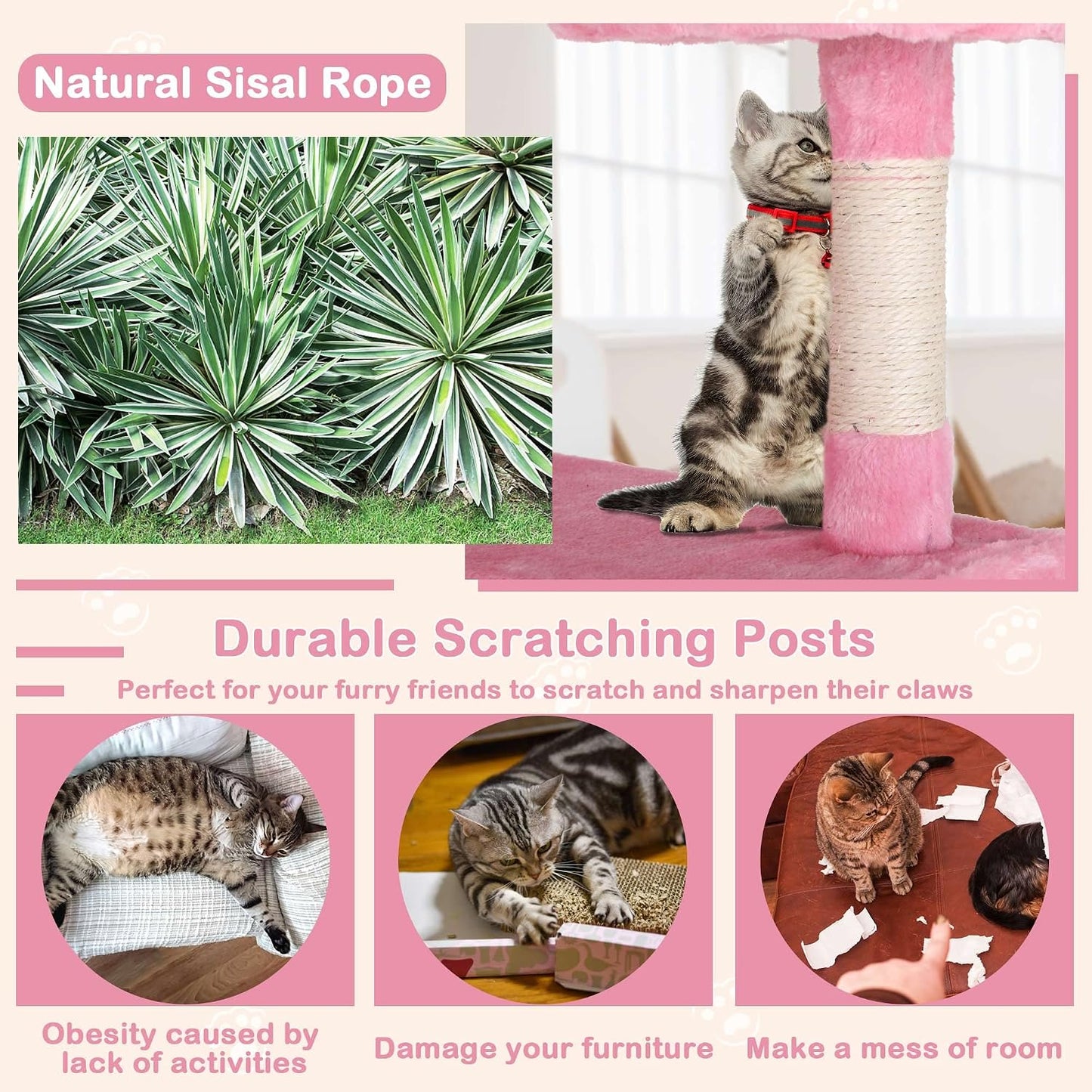 54'' Tall Cat Tree for Indoor Cats, Multi-Level Furniture with 3 Scratching Post, Stand Platform and 2 Condo, Tower Funny Toys, Corner Towers Large Pink