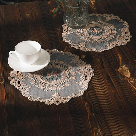 Embroidered Placemats Set of 2, Retro Handmand Place Mats Vintage Cup Vase Table Mat for Dining Table Kitchen Party -Dark Pink, 2PCS