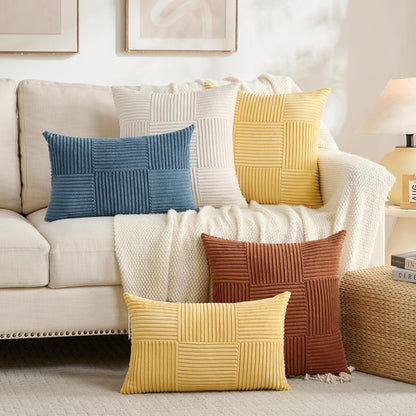 Fancy Homi Set of 2 Blush Pink Boho Decorative Throw Pillow Covers 18x18 Inch for Living Room Bedroom Couch Bed Sofa, Modern Farmhouse Home Decor, Soft Striped Plaid Corduroy Accent Cushion Case
