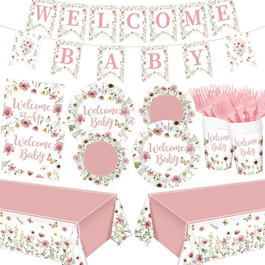 LemonRoad 128 Pcs Pink Floral Baby Shower Party Decoration Girl for 25 Guests, Wildflower Welcome Baby Shower Paper Plates Napkins Cups Tablecloth Forks Banner for Spring Gender Reveal Party Supplies
