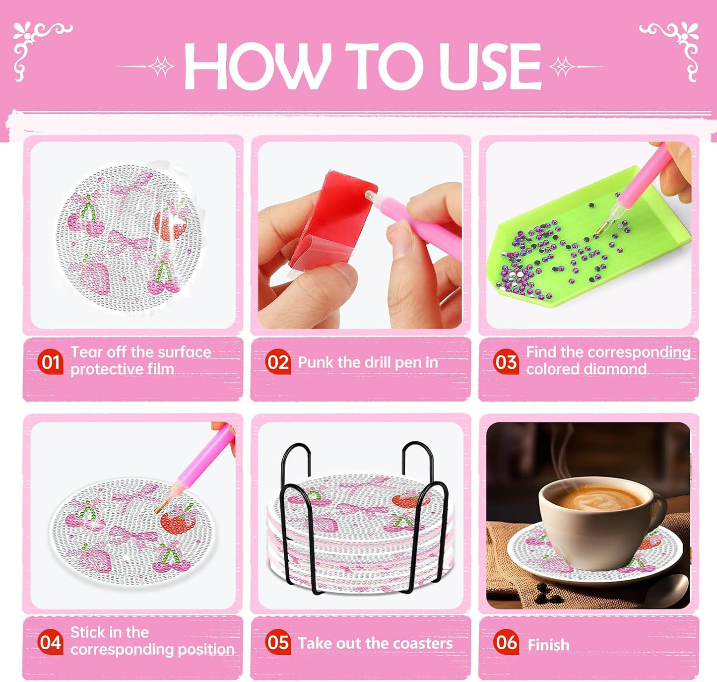 Pink Bow Diamond Art Coasters Kits - 8 PCS DIY Non Slip Diamond Painting Coasters with Holder Bowknot Cherry Strawberry Gem Art Craft Supplies for Adults Beginners Women Coquettee Home Table Decor