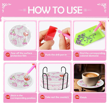 Pink Bow Diamond Art Coasters Kits - 8 PCS DIY Non Slip Diamond Painting Coasters with Holder Bowknot Cherry Strawberry Gem Art Craft Supplies for Adults Beginners Women Coquettee Home Table Decor