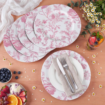 Yungyan 6 Pack 13inch Pink White French Toile Charger Plates Toile De Jouy Floral Leaf Plastic Pink Round Party Salad Charger Plates for Wedding Birthday Bridal Tea Summer Party Supplies