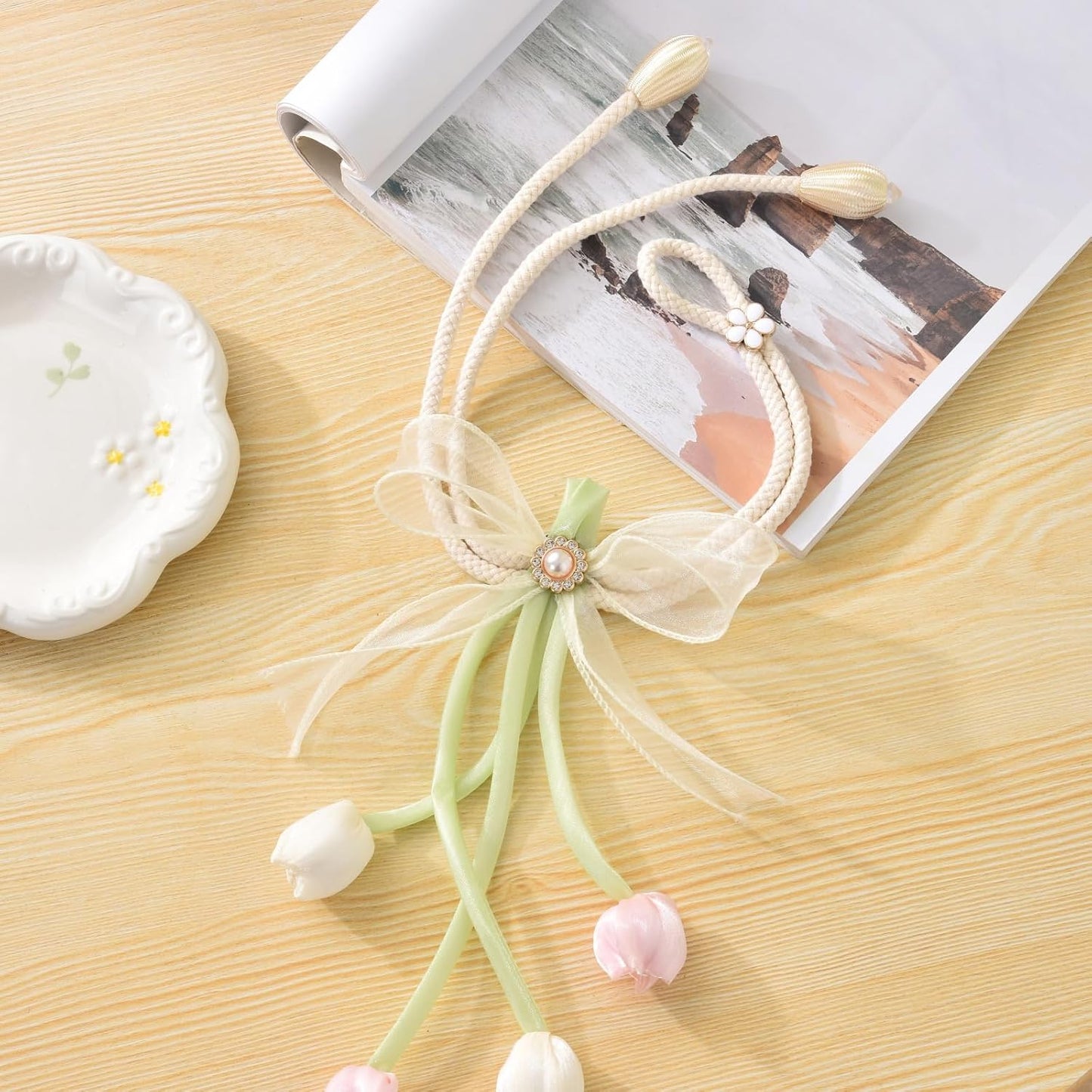 SUQ I OME 1 Pair of 100% Handmade Tulip Flower Curtain Tiebacks with Bowknot,Curtain Ties,Curtain Holdbacks,Pink