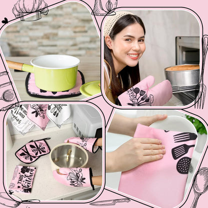 Fourluoo 10 Pcs Farmhouse Kitchen Decor and Accessories Set 4 Kitchen Towels 2 Pot Holders 2 Oven Mitts 2 Rugs for Cooking Baking Mom Housewarming Gifts(Soft Pink,Appealing Style)