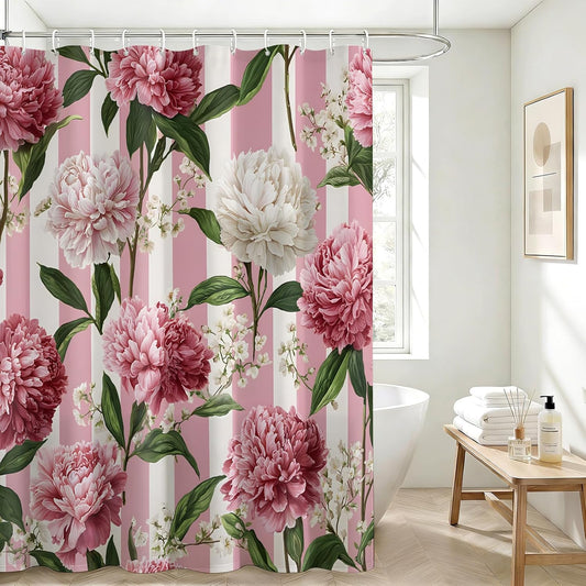 Pink Floral Shower Curtain, Pink and White Striped Flower Peony Bathroom Decor, Botanical Romantic Waterproof Fabric Bath Set with Hooks, 72x72 Inch
