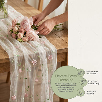 Pink Sheer Floral Embroidered Table Runner, French Style Lace Gauze Dessert Table Flag, 120 x 30 Inch Romantic Decor for Kitchen, Dining, Wedding, Birthday, Party & Holiday