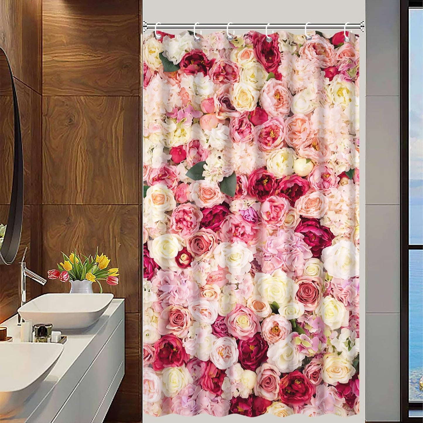 Floral Shower Curtain Red and Pink Rose Flowers Vivid Bright Spring Wedding Beautiful Women Bath Curtain Waterproof Polyester Fabric Bathroom Decor Set with Hooks 36x72inch