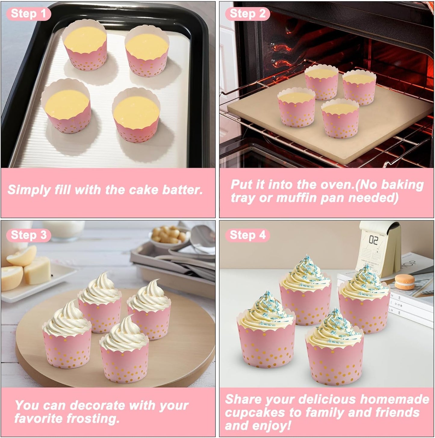 Pink Cupcake Liners for Baking, Standard Size Muffin Paper Liners with Gold Polka Dots, 50Pack Baking Cups for Baby Shower, Birthday Party, Valentines Day, Mother's Day Cupcake Liners