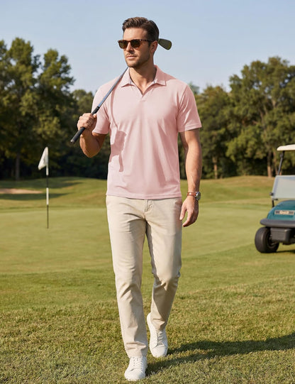 TACVASEN Mens Polo Shirts V Neck Short Sleeve Knitted Golf T Shirts Collared Summer Vacation Tops Johnny Collar Polo