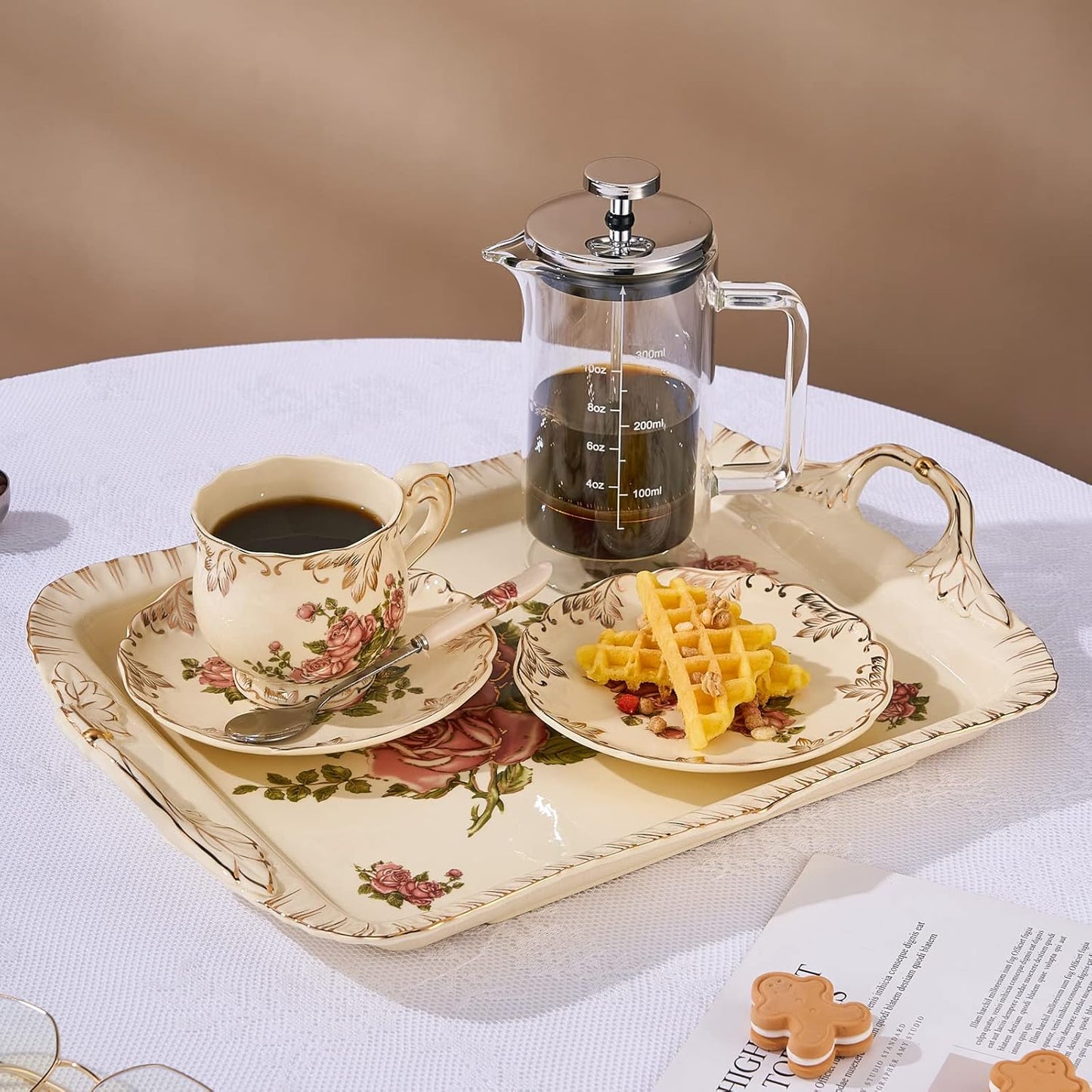 YOLIFE Ivory Serving Tray, Ceramic Floral and Gold Leaves Decorative Platter for Tea Party 15 X 11 inch (Pink Rose)