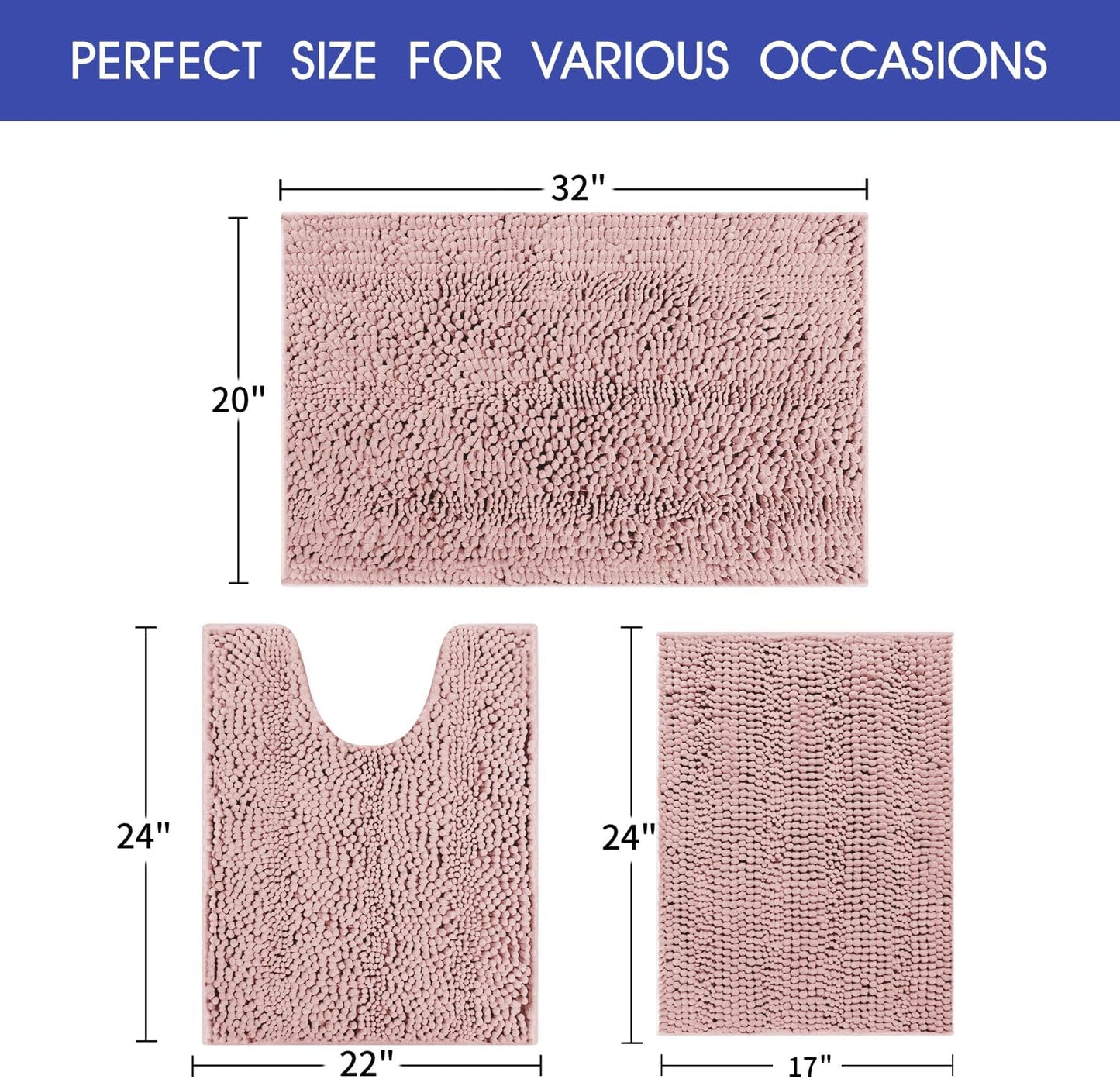 Striped Dusty Pink Bathroom Rug Set 3 Pieces Ultra Soft, Non Slip Chenille Bath Carpet, Absorbent Plush Shaggy Bath Mats for Bathroom, Toilet, Bedroom, Kitchen