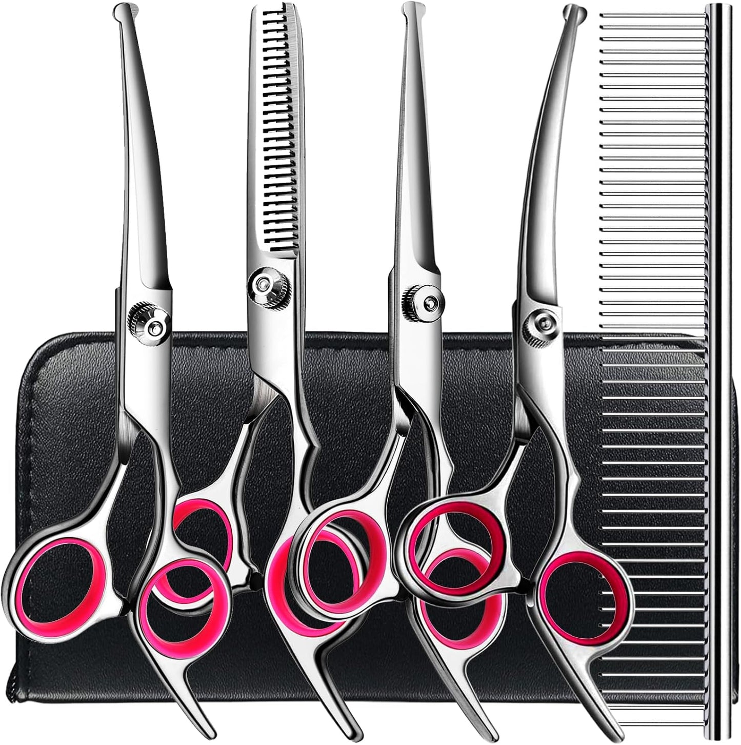TINMARDA Dog Grooming Kit, Professional Stainless Steel Dog Grooming Scissors with Curved Shears, Pink Finger Rings - 5 Piece Sharp Durable Pet Shears for Dogs Cats At Home Salon-Quality Grooming