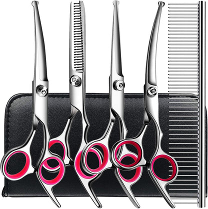 TINMARDA Dog Grooming Kit, Professional Stainless Steel Dog Grooming Scissors with Curved Shears, Pink Finger Rings - 5 Piece Sharp Durable Pet Shears for Dogs Cats At Home Salon-Quality Grooming