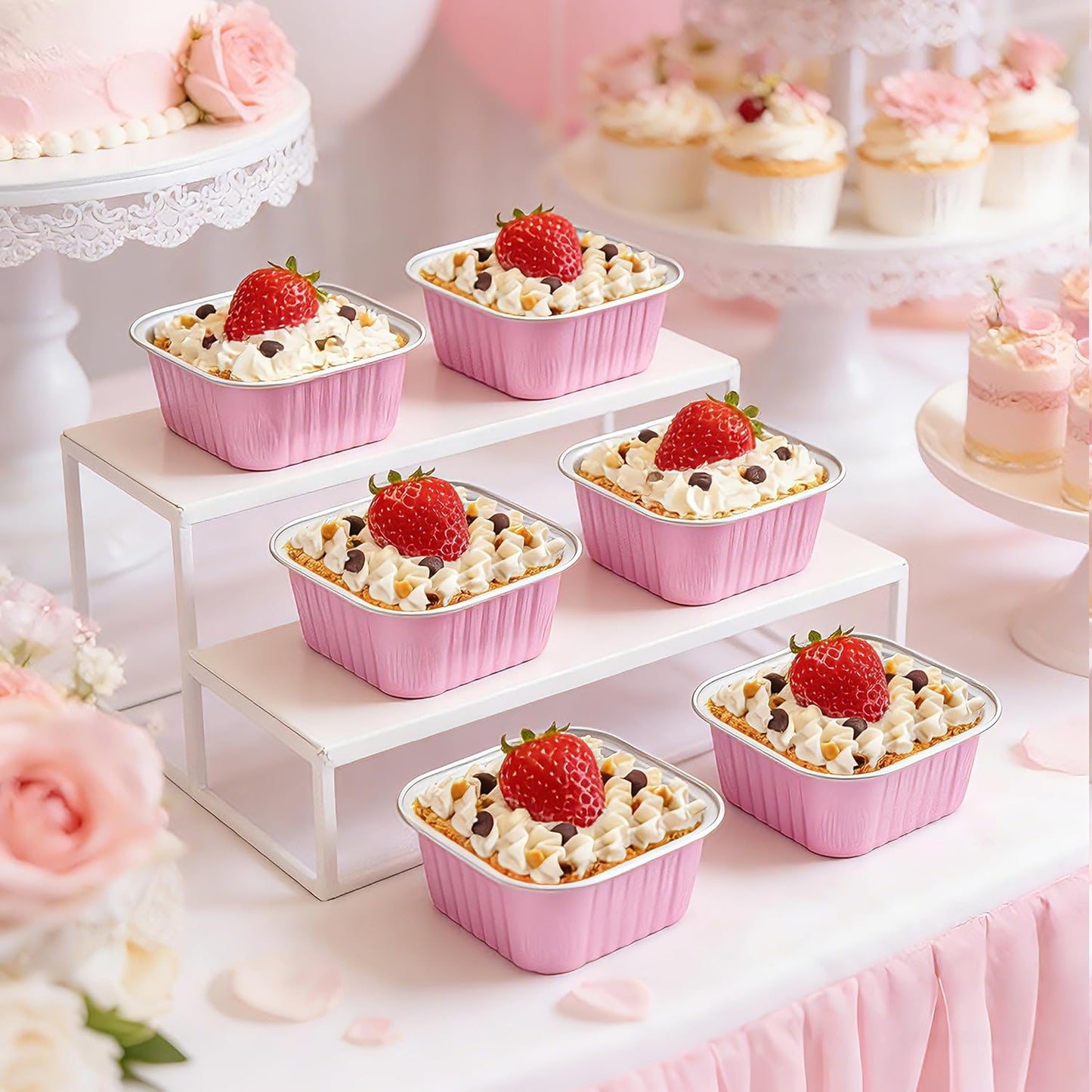 NPLUX 50 Pcs Mini Cake Pans with Lids and Spoons Aluminum Foil Mini Square Baking Cups with Lids Disposable Ramekins Cake Pans Dessert Cups for Wedding, Graduation Gifts Party Favors(Pink,5oz)
