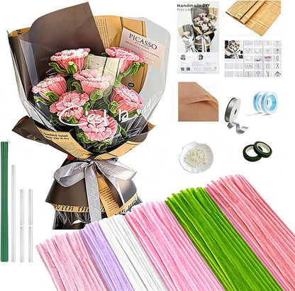 500 Pcs Pipe Cleaner Flower Kit, Pink Rose Pipe Cleaner Flowers with Chenille Stems, Wrapping Paper and Ribbon, DIY Arts and Crafts Gift for Girls