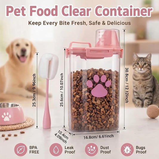 Dog Storage Container with cleaning brush,Measuring Cup,Portable Pet Food Containers with Upgraded Large Spout and Cup for Dogs,Cats,Birds,Small Animals（Pink）