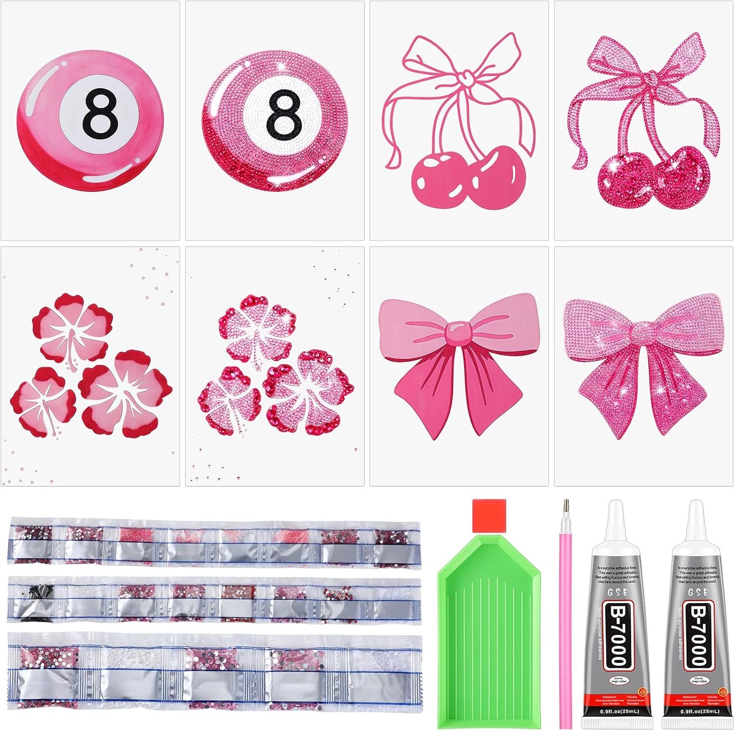 Eaasty 4 Sets Preppy Diamond Art Kits, Girls Night Game, Lucky Cherry Canvas Diamond Art Kit Coquette Preppy Wall Decor Trendy Coquette Pink Bow DIY Gem Painting Bachelorette Party Games