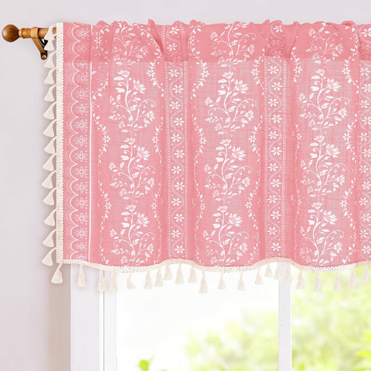 Yinhua Boho Valance Curtains Vintage Linen Pink Kitchen Valances for Windows Light Filtering Bohemian Floral Valance Rod Pocket Farmhouse Tassel Window Valances for Bathroom Cafe, 52" W X 18" L