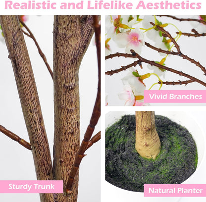 Caxchiling Cherry Blossom Tree 6FT, Artificial Pink Tree Indoor with White Planter, Faux Potted Silk Plant for Home, Office, Wedding, Garden, Party, Hotel Decoration