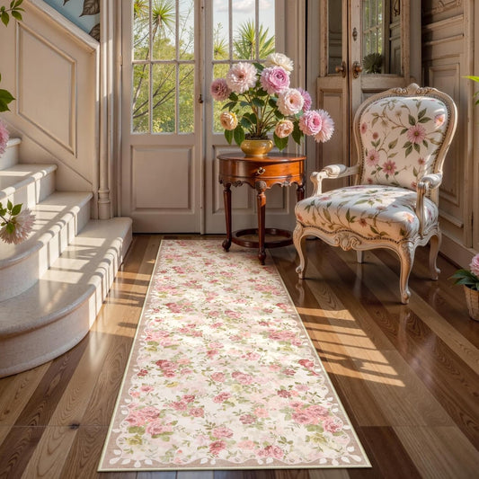 Lahome Floral Runners for Hallways Non Slip, 2x6 Washable Kitchen Runner Rug, Soft Boho Throw Carpet for Girls Bedside Bedroom Laundry Bathroom Nina Beige/Pink/Multi