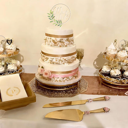 Handcrafted Luxury Gold Wedding Cake Knife and Server Set – Stainless Steel with Crystal & Gemstone Embellished Handles, Gift for Wedding, Anniversary, Engagement, Bridal Shower (pink)
