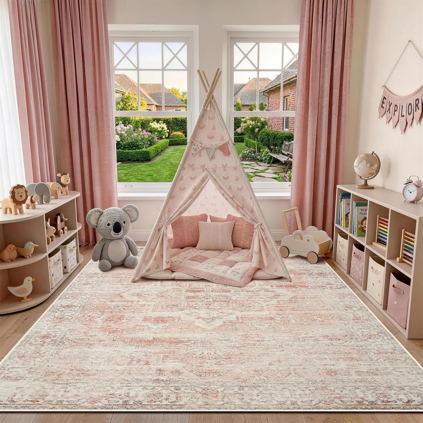 Pink Rug 5x7 for Living Room - Machine Washable Stain Resistant Area Rug for Girls Bedroom Dinning Room - Soft Faux Wool Non Slip Low Pile Carpet for Kids Nursery Room Home Office