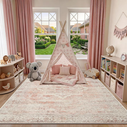 Pink Rug 5x7 for Living Room - Machine Washable Stain Resistant Area Rug for Girls Bedroom Dinning Room - Soft Faux Wool Non Slip Low Pile Carpet for Kids Nursery Room Home Office