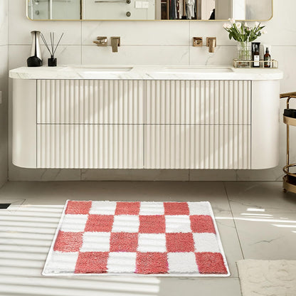 Tititex Luxury Coral White Checkered Grid Bathroom Rug, 16"x24" Classic Checkerboard Extra Soft and Absorbent Microfiber Bath Rugs, Non-Slip Plush Shaggy Bath Carpet for Bathroom Floor