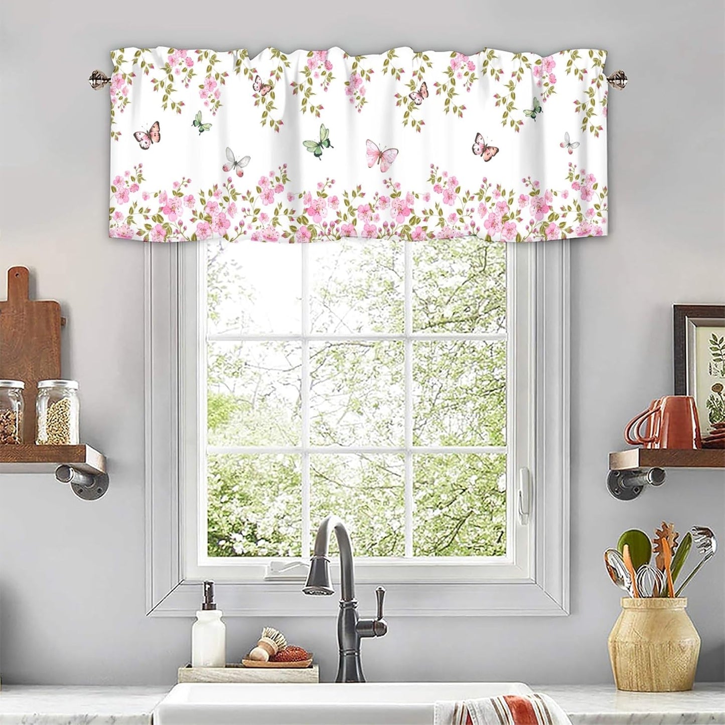 Spring Kitchen Curtain Valances for Windows, Pink Floral Butterflies Farmhouse Window Treatments Rod Pocket Short Curtains for Bathroom Living Room Bedroom 1 Panel,42x12 Inch