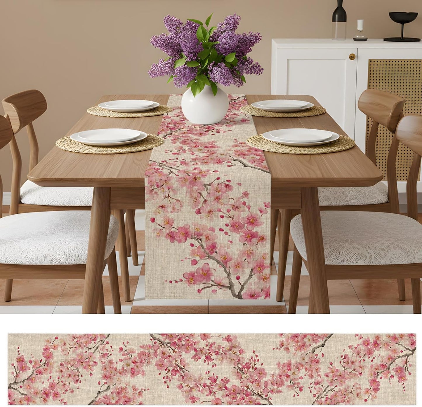 Table Runner 60 Inches Long, Peaches Branches Decorative Table Runner for Party Wedding Home Decor, Farmhouse Spring Botanical Pink Flowers Dresser Scarves for Bedroom Kitchen Tables Decor 13x60 Inch