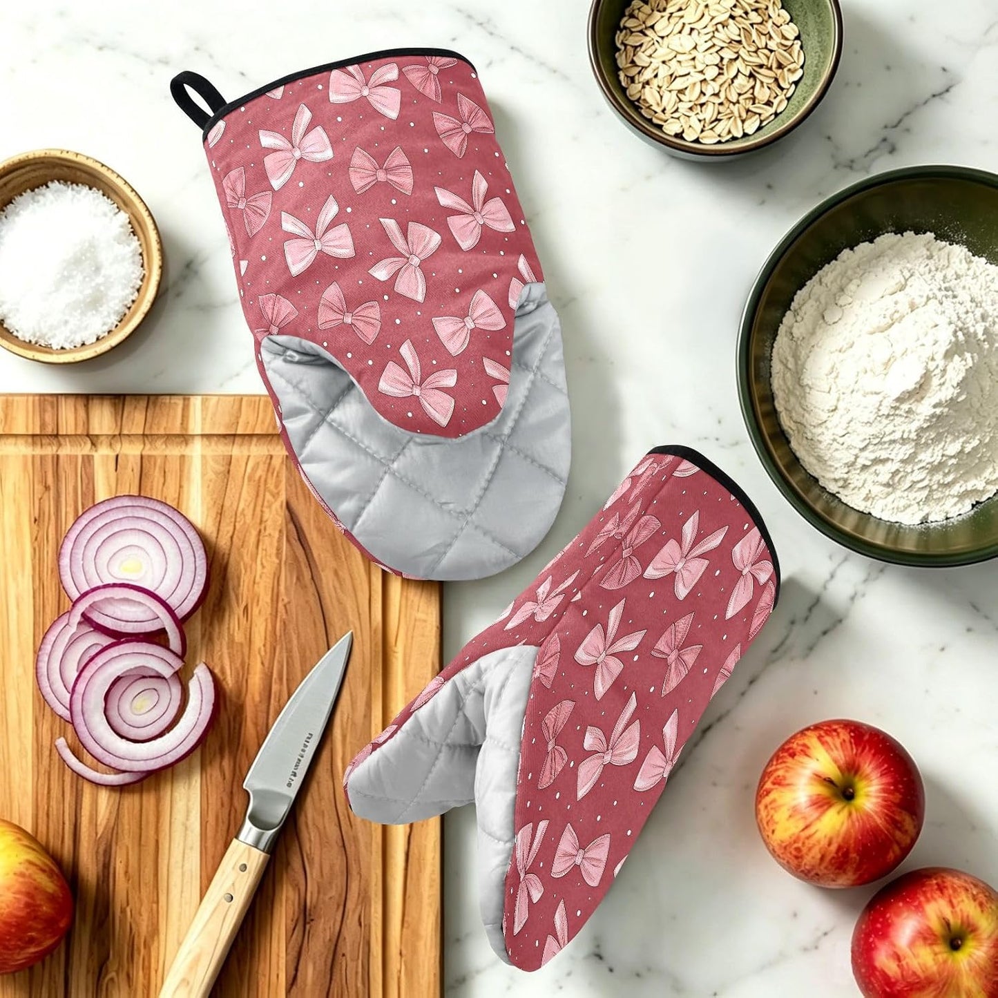 Red Pink Bows Non-Slip Oven Mitts Set Heat Resistant Kitchen Gloves with Quilted Liner Cotton Machine Washable with Hanging Loop for Baking Grilling BBQ