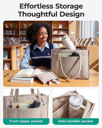 BAGSMART Tote Bag for Women, 2Pc Puffy Tote Bag Set with Zipper, Quilted Large Work Teacher Bag for Travel