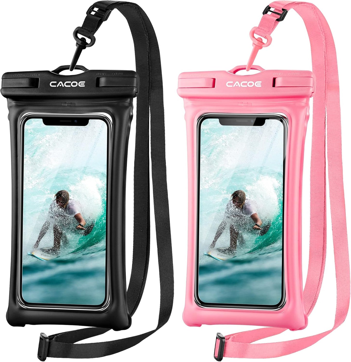 CACOE Floatable Waterproof Phone Pouch 2 Pack Up to 7.0",Black+Pink | Floatable, IPX8 Waterproof Phone Case,Adjustable Lanyard,Dry Bags for Beach/Cruise/Travel/Camping/Kayak/Vacation Essentials