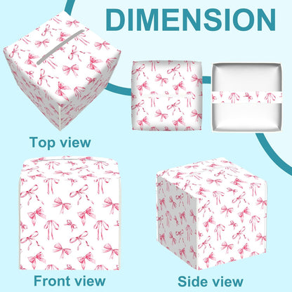 Watercolor Pink Ribbon Bow Tissue Box Cover Square,Leather Tissue Holder with Bottom Belt,Waterproof Leather Facial Paper Organizer Tissue Box Cover for Home Office Bathroom Vanity,5.2" x 5.2" x 5.2"