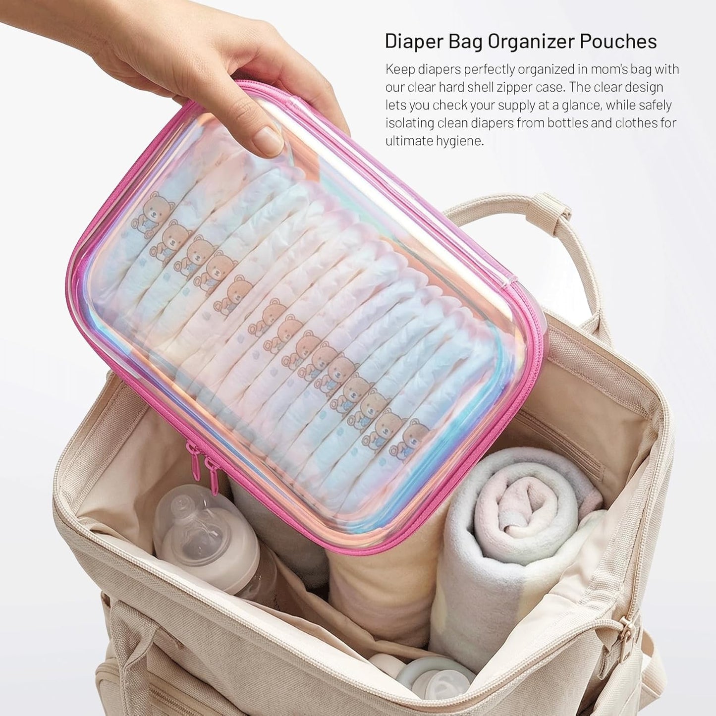 Clear Hard Shell Zipper Case,Makeup Bag,Iridescent Toiletry Bag,2pcs Large Capacity Water-resistant Toiletries Bag,Portable Travel Organizer and Storage,Bathroom Clear Cosmetic Case for Women