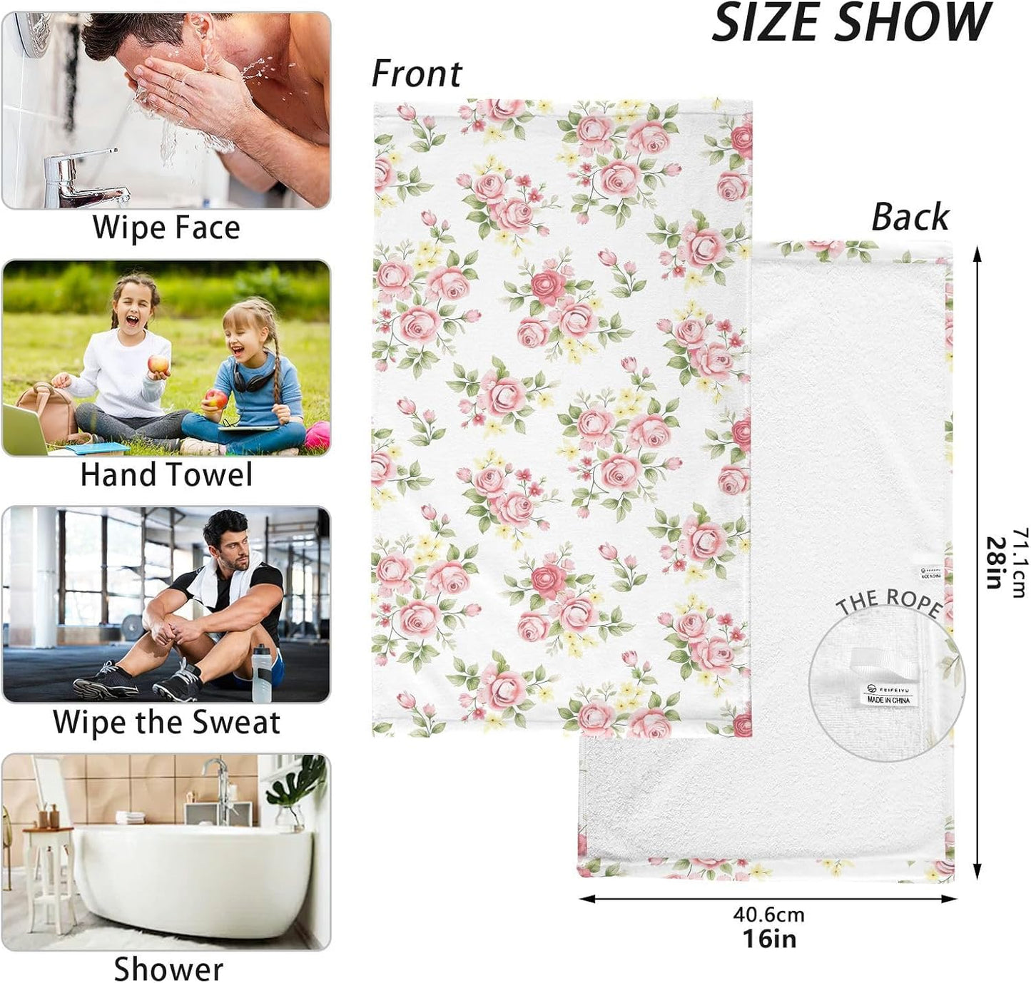 senya Towels Cotton Hand Towels Pack of 2, Pink Rose Flower Floral Ultra Soft Highly Absorbent Towels for Bathroom, 16x28 Inches