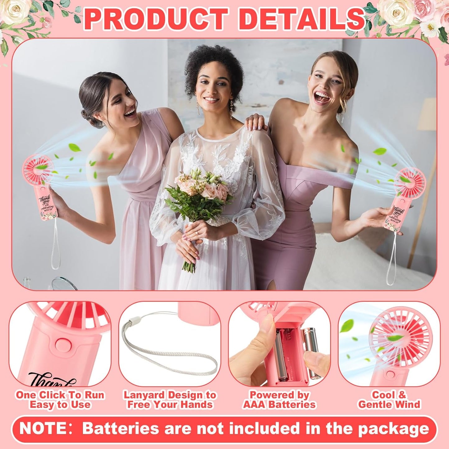 24 Set Wedding Mini Fans for Guests Portable Handheld Fans Thank You Cards Organza Bags with 1 Pcs Love Is Hot Wooden Table Sign Bridal Shower Favors for Summer Wedding Outdoor(Pink Rose)