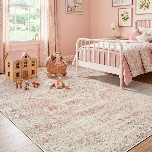 Pink Area Rug 4x6 for Bedroom - Washable Vintage Stain Resistant Accent Rugs for Living Room Kitchen - Soft Non Slip Low Pile Small Carpet for Girls Kids Nursery Home Office