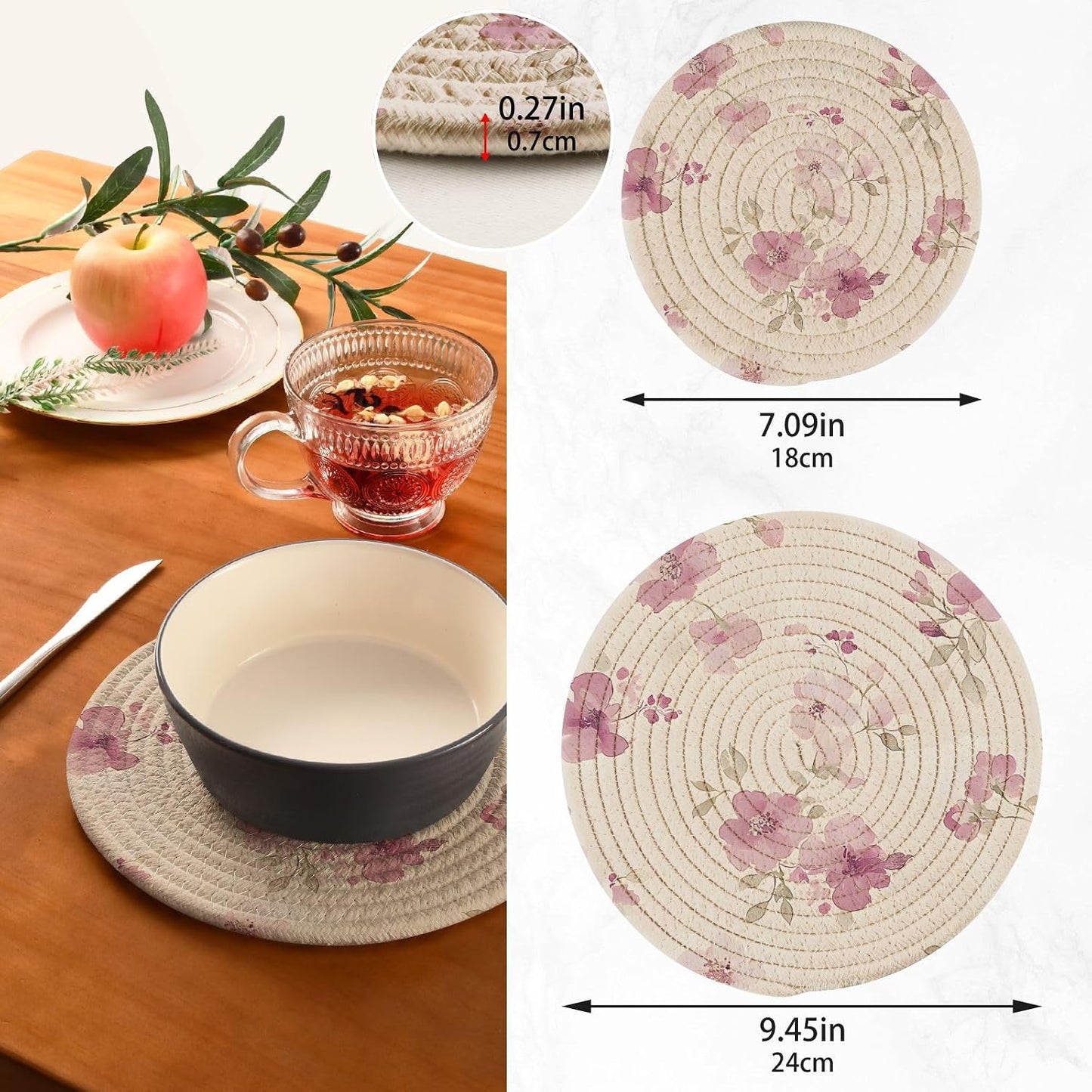 Light Pink Flower Pattern Kitchen Trivets Pot Holders Set of 2 for Pots Dishes Woven, Trivet Coaster Pad Mat for Counter