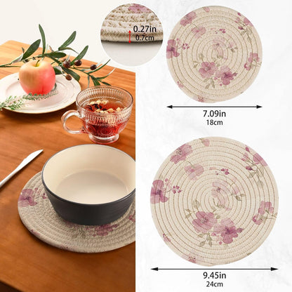 Light Pink Flower Pattern Kitchen Trivets Pot Holders Set of 2 for Pots Dishes Woven, Trivet Coaster Pad Mat for Counter