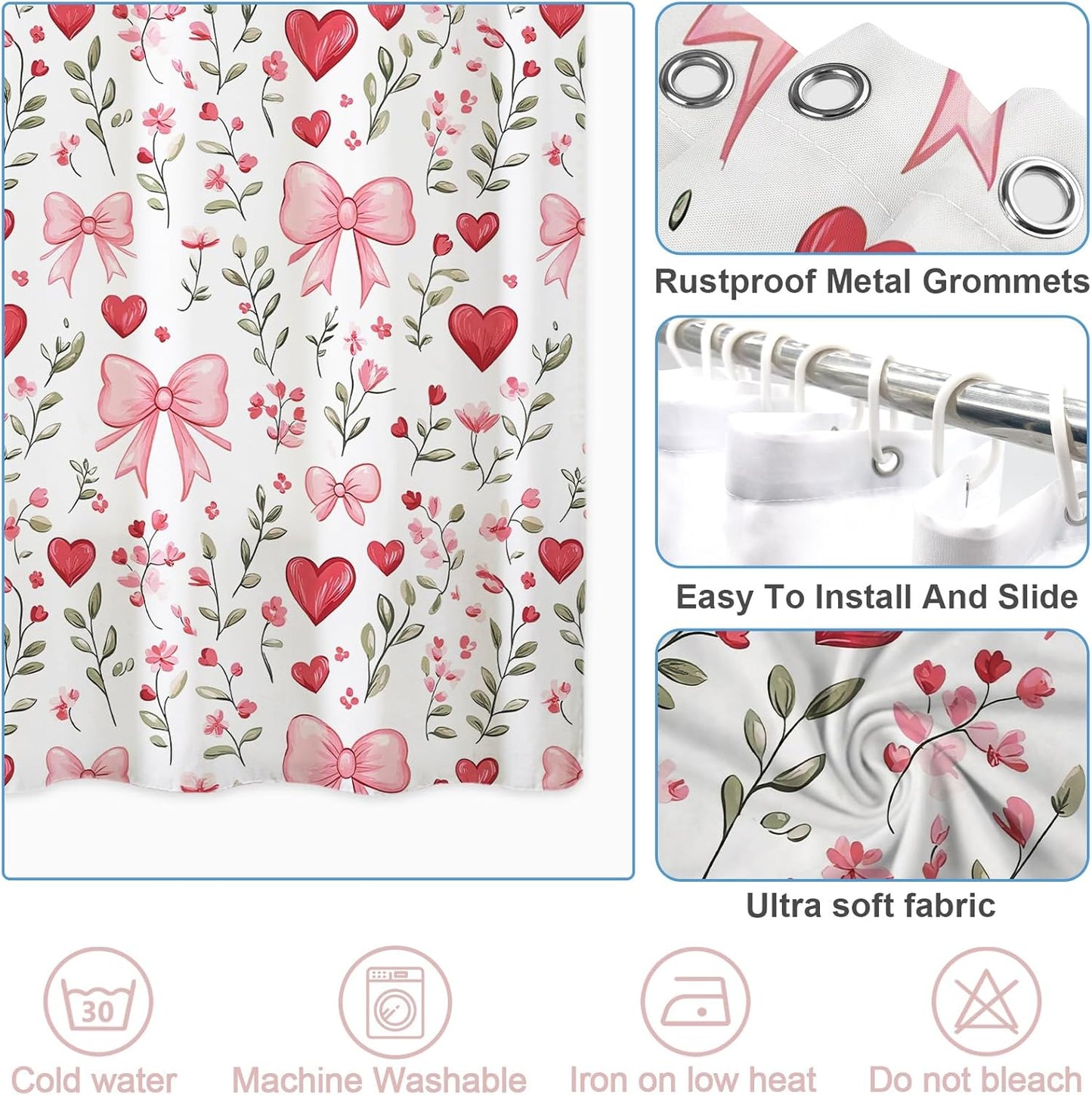 Baccessor Pink Bows Shower Curtain,Pink Love Hearts Bows Girly Shower Curtains Bathroom Bath Home Valentines Day Decor Waterproof Polyester Fabric with Hooks 72 W x72 H Inch