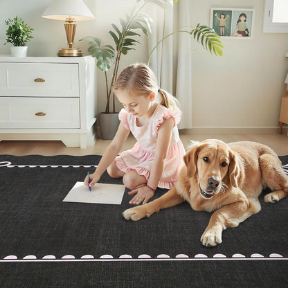 GarveeHome Scalloped Bow Rug for Living Room, Solid Rug for Dorm, Washable Rugs 5x7 Soft Low Pile Non Slip Scalloped Rugs for Nursery College Bedroom Decor Kids Room Playroom, Black Pink