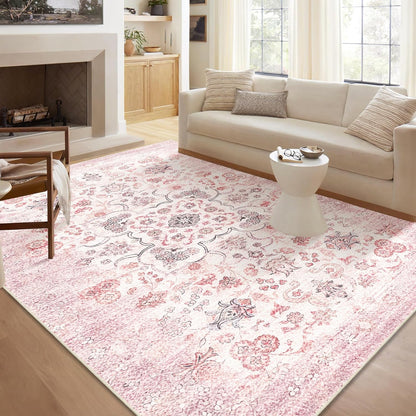 5x7 Area Rugs Washable,Pink Rug for Bedroom Living Room Kitchen Dining Room,Large Boho Vintage Bohemian Distressed Farmhouse Carpet Non Slip,Grey Blush Floral