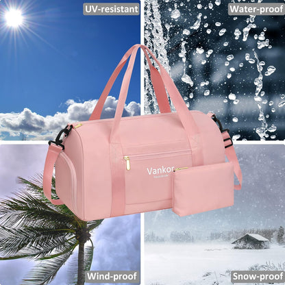 Vankor Small Gym Bag for Women with Shoe Compartment, Waterproof Sports Duffle Bag for Travel Carry on Duffel, Weekender Beach Yoga Workout Overnight Mommy Maternity Hospital Bag Pink 17.5 inches
