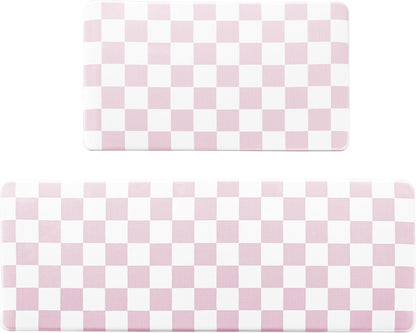 Pink Checkered Grid Checkerboard Kitchen Rug Sets [2 PCs], Anti-Fatigue, Waterproof Non-Slip Kitchen Mats Heavy Duty Ergonomic Comfort Foam Rug for Floor, Home, Laundry,Easter 17"x29"+17"x47"