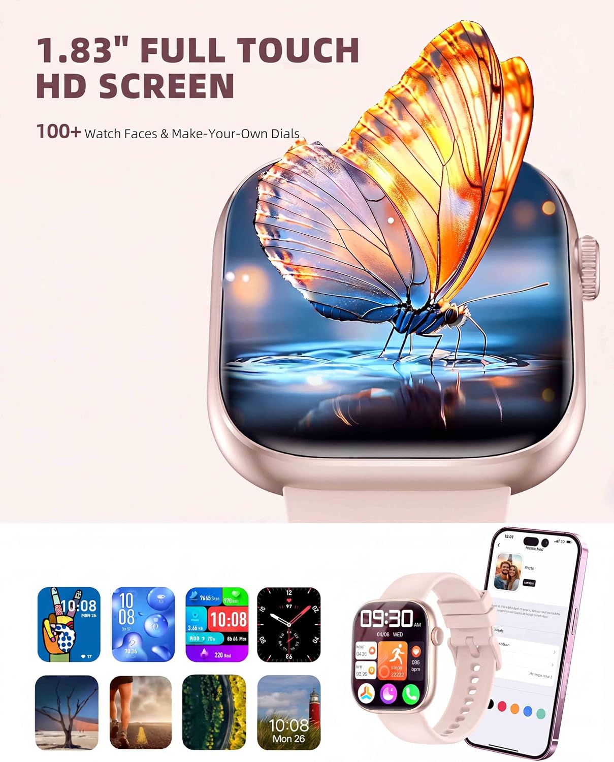 Smart Watch for Women Men, Fitness and Sleep Trackers with 1.83" HD Touchscreen, Bluetooth Calling Smartwatch for Android/iOS, IP67 Waterproof Multi-Sport Modes Pedometer, Rose Pink