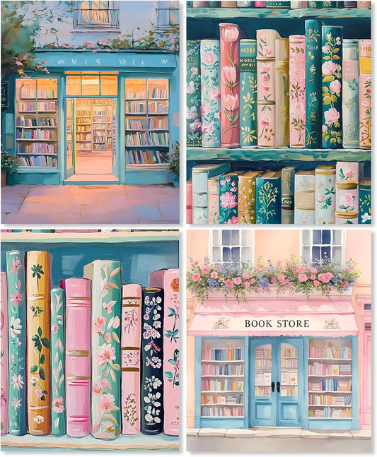 LUKIPOM Vintage Pink Floral Bookstore Wall Art Prints 8x10 Set of 4, Retro Botanical Book Wall Art Posters for Bookstore Bookshop Library Reading Room Nook Corner Classroom Decor, Unframed