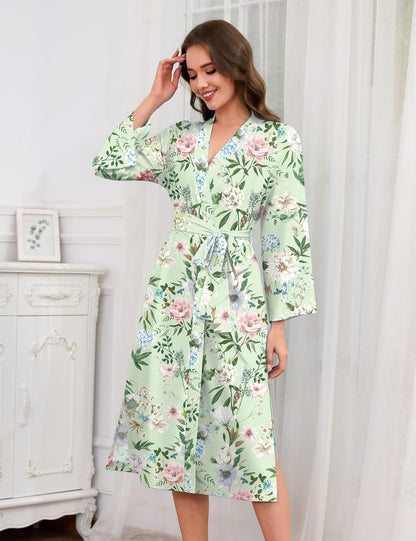 Soft Robes for Women V-Neck Printed Kimono Bathrobe Lightweight Long Bath Robe Casual Loungewear with Pockets